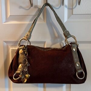 Brown Sparkle Suede Handbag with Gold Accents Charm Keychain Kathy Van Zeeland